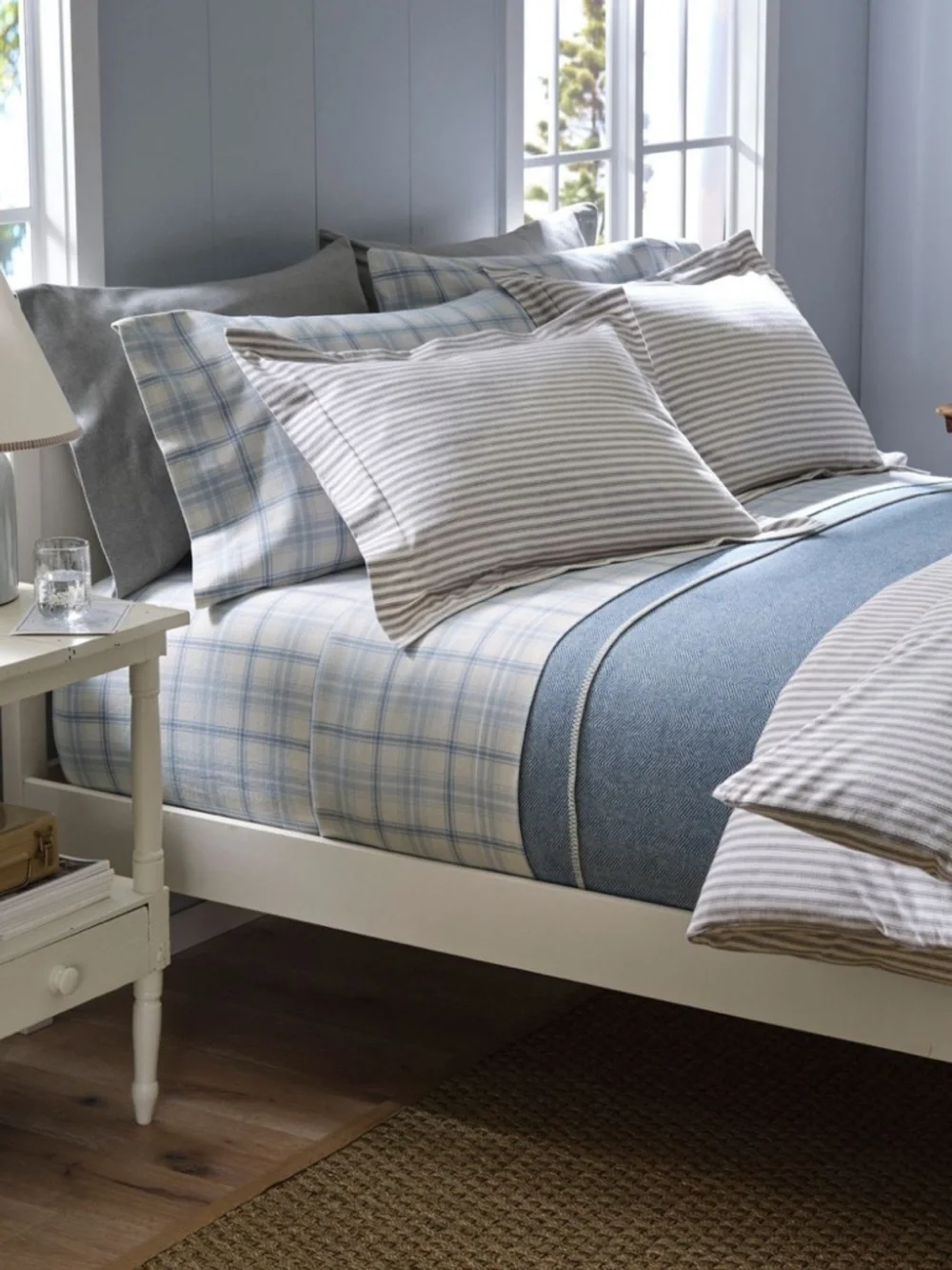 L.L. Bean King Ultrasoft Comfort Portuguese Flannel Sheet Set Bay Blue Check NWT